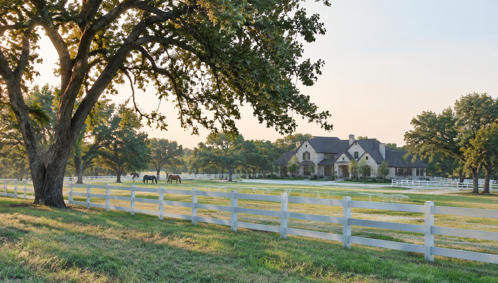Stone ranch home on fenced acreage with horses near Argyle, Texas